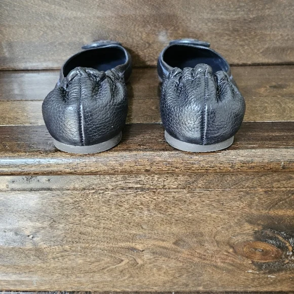 Tory Burch Navy Reva Tumbled Leather Ballet Flats - Picture 3 of 7